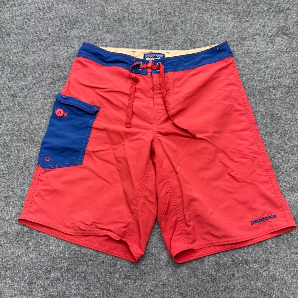 Patagonia Mens Board Shorts Size 30 Red Blue Nylon Cargo Pocket Swim Trunks 9 in